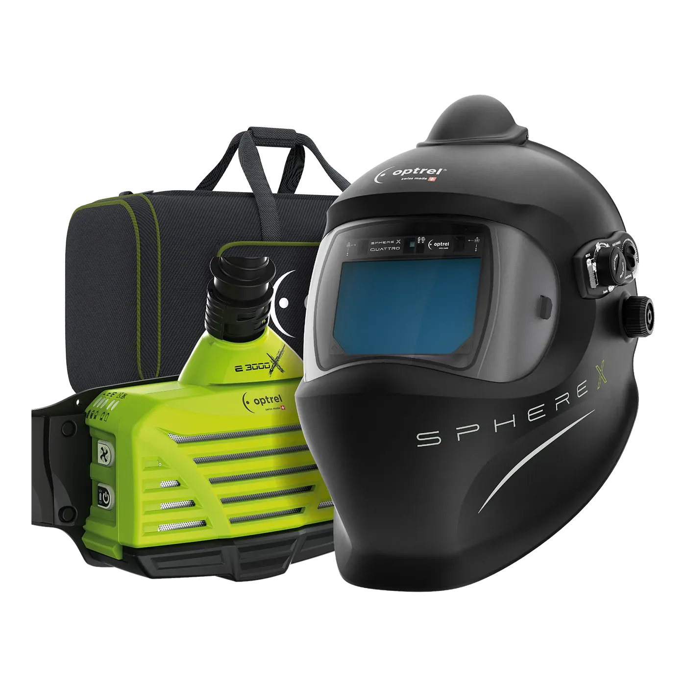 Ready-to-Weld package sphereX pure air quattro + e3000X — auto-darkening PAPR welding helmet