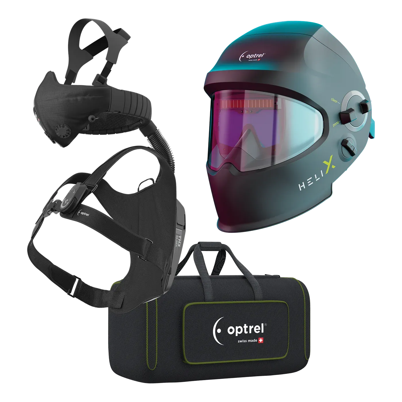 Ready-to-Weld package helix quattro + swiss air — auto-darkening helmet with hard hat and respiratory system