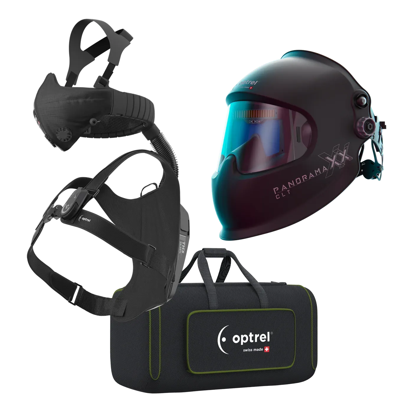 Ready-to-Weld package panoramaxx clt black + swiss air — auto-darkening helmet with respiratory system