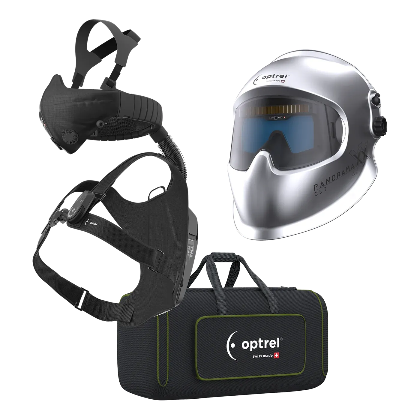 Ready-to-Weld package panoramaxx clt silver + swiss air — auto-darkening helmet with respiratory system