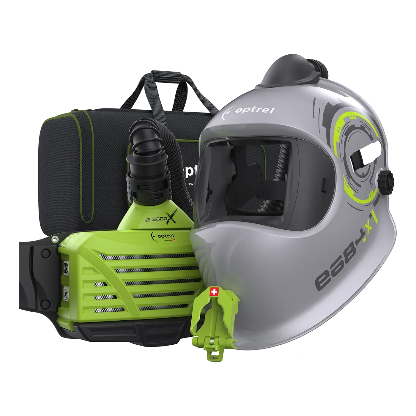 Ready-to-Weld upgrade package e684 PAPR silver + e3000X — PAPR helmet shell without cassette