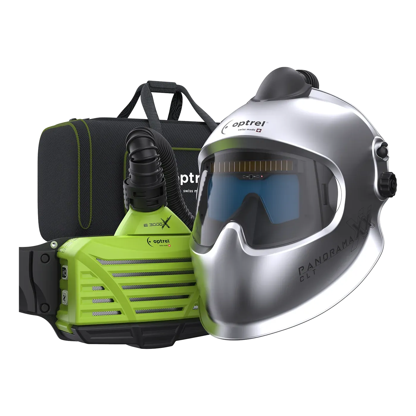 Ready-to-Weld package panoramaxx pure air clt silver + e3000X — auto-darkening PAPR welding helmet