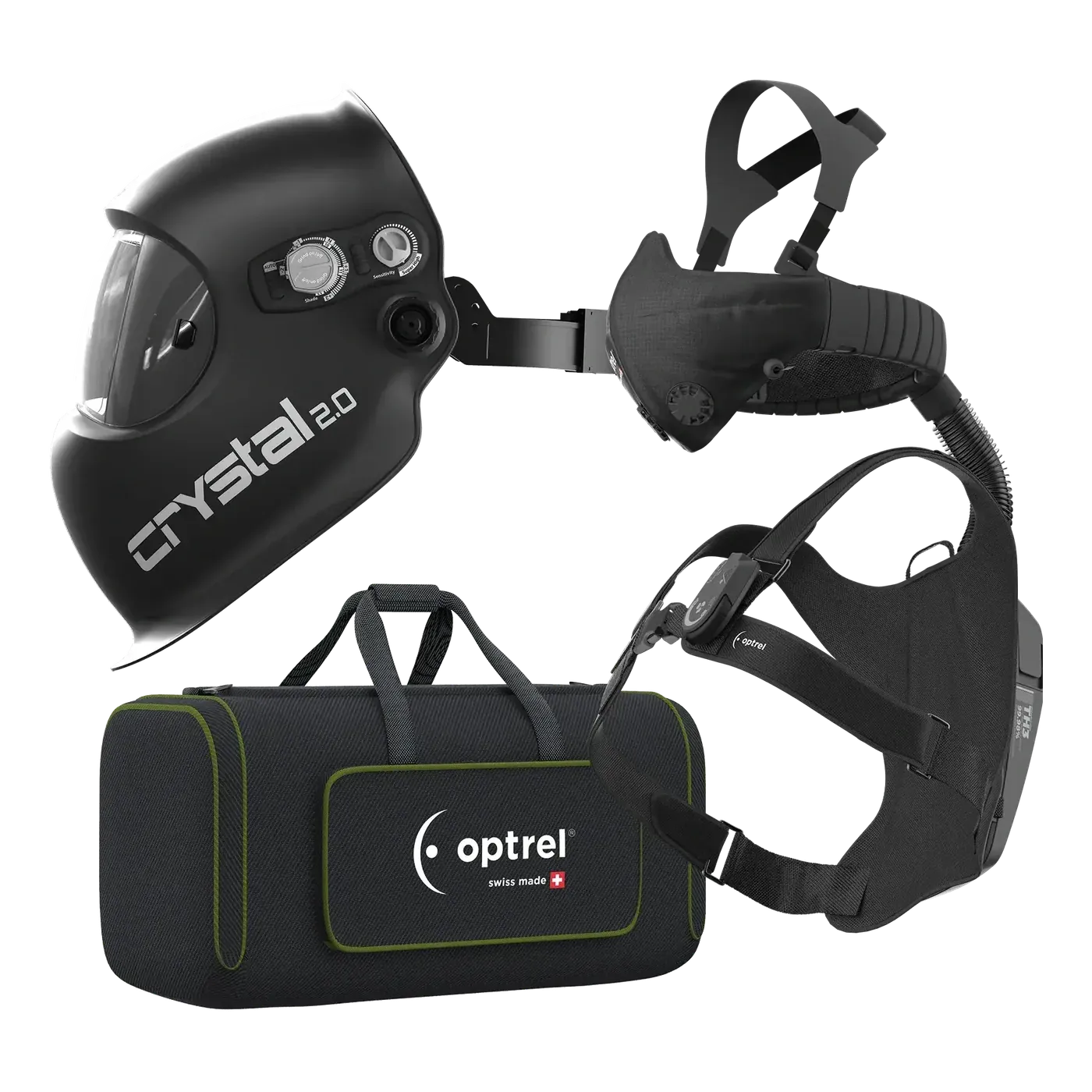 optrel zestaw Ready-to-Weld crystal2.0 czarna + swiss air — przyłbica spawalnicza z systemem nawiewnym — 2