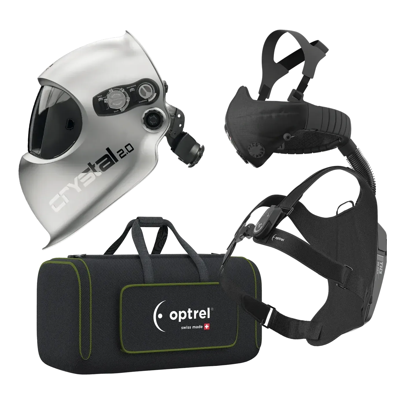 optrel Ready-to-Weld package crystal2.0 silver + swiss air — welding helmet with respiratory system — 2