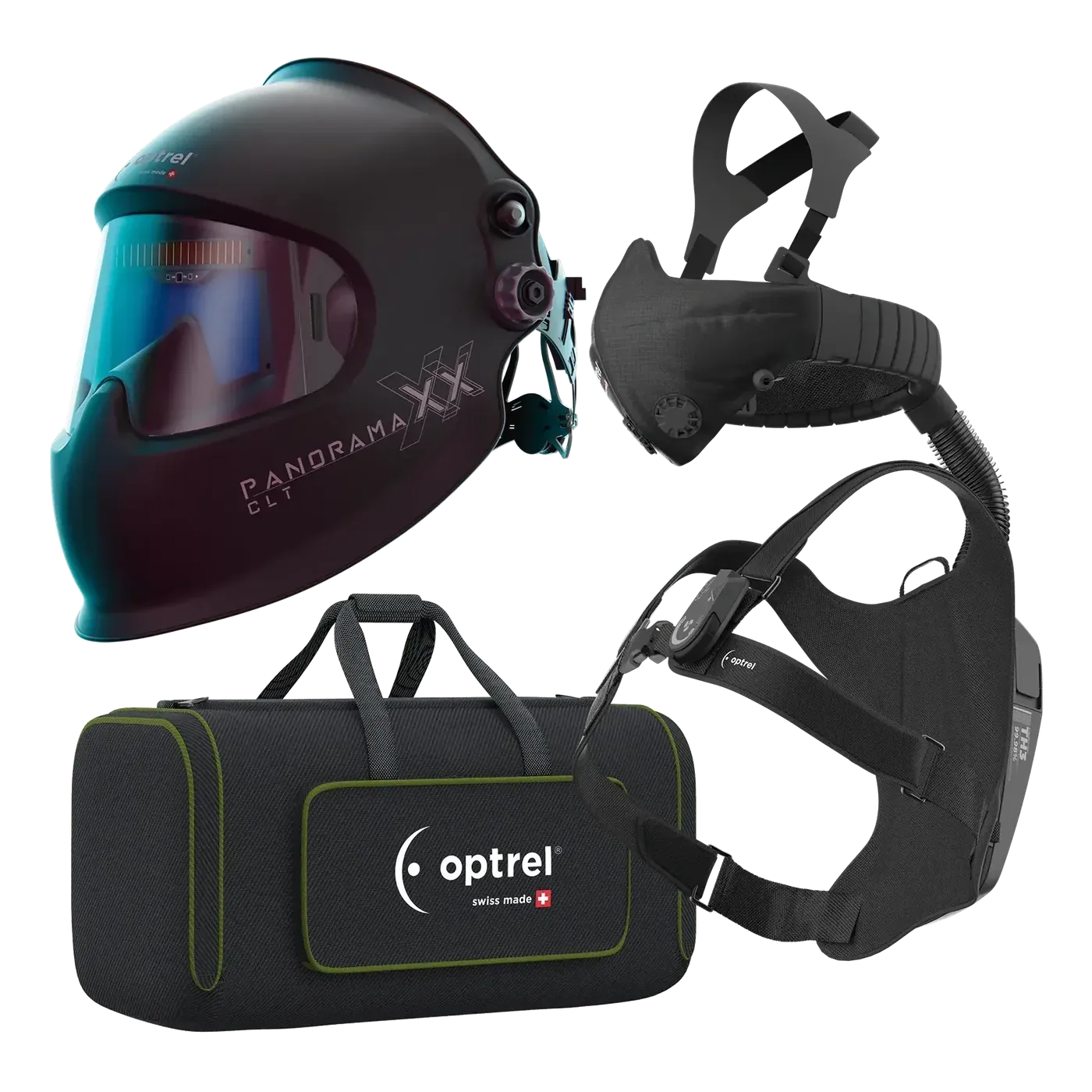 optrel Ready-to-Weld package panoramaxx clt black + swiss air — auto-darkening helmet with respiratory system — 2